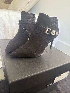 Saint Laurent Black Suede Pointed Ankle Booties with Buckle